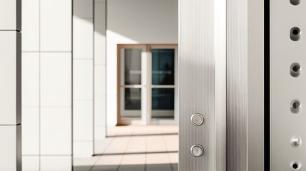 Fototapeta premium Modern apartment building exterior with metallic entrance door, window, tiled balcony, and urban urban architecture design with clean lines and minimal style