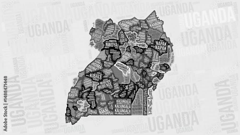 Poster uganda animation. visual effect of uganda regions appearing in black and white word clouds style. co