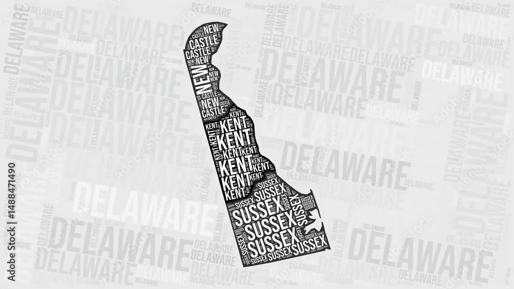 Poster delaware animation. visual effect of delaware counties appearing in black and white word clouds styl
