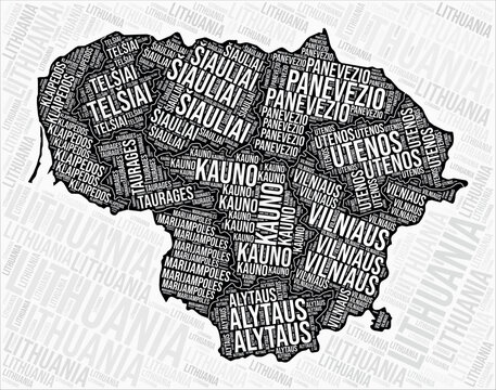 Lithuania regions map word cloud. Lithuania region names. Black and white map design. Creative vector illustration.