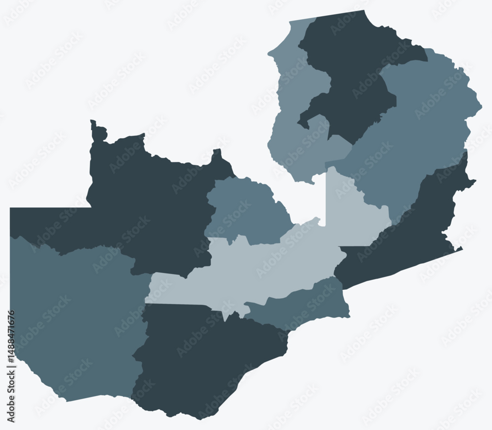 Poster map of zambia with regions. just a simple country border map with region division. blue grey color p