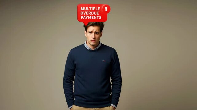 Concerned man in casual attire with a speech bubble highlighting overdue payments, neutral background