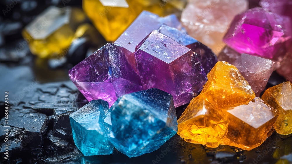 Poster assorted colorful crystal cluster on dark background