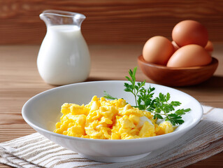 Scrambled eggs served in white bowl with fresh parsley garnish, jug of milk, and bowl of eggs on wooden table