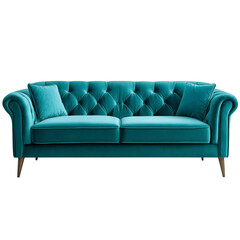 Fototapeta premium Modern teal sofa with cushions, isolated on a transparent background Png file format