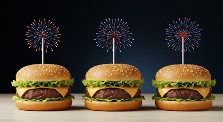 Festive burgers with fireworks toppers celebrate a patriotic occasion