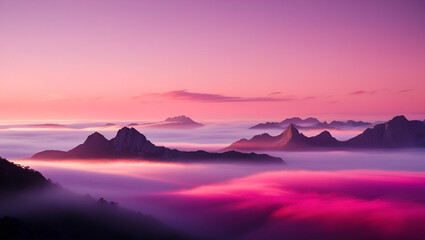 Fog drapes the mountain range as a vibrant pink and purple sunrise emerges