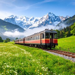 Train Tracks with train on it. Through Foggy Field Leading to Snow Capped Mountains.