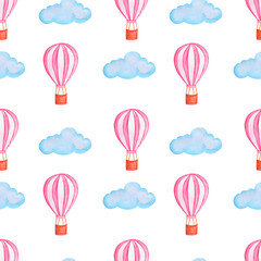 Naklejka premium Seamless pattern with balloons, blue fluffy clouds. Watercolor illustration on a white background.