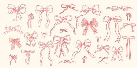 Set of various coquette bows, gift ribbons. Rococo trendy hand drawn style. Trendy girls accessories. Cute hairstyle elements collection.  Isolated clip arts for card, wedding, gifts, girls decor.