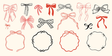 Set of whimsical doodle wavy ribbon circle frames with bows. Modern whimsical borders for wedding invitations, birthday cards, menu, holiday illustration. Coquette flirting vintage and retro style