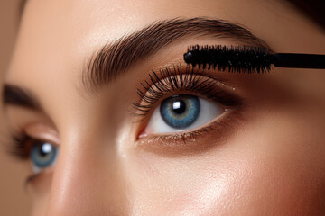 Close-up of woman applying mascara to long lashes, detailed blue eye with bold makeup and well-groomed eyebrows