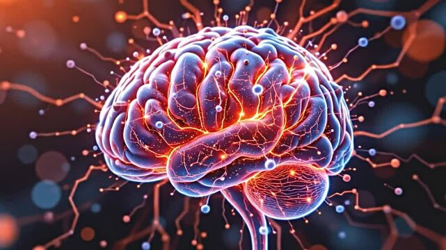 vivid 3d render of a human brain rotating, built from flowing particles, with digital connections lighting up, emphasizing the evolution of intelligence