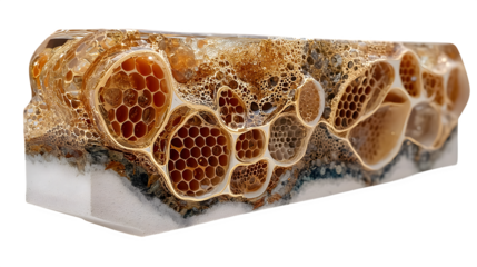 A cluster of golden honeycomb cells, highlighting nature's precision and beauty, placed on white --ar 16:9 --v 7.0 --s 750