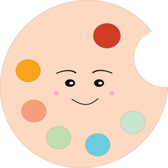 A cheerful flat-style illustration of a paint palette with colorful paint blobs and a happy face. Perfect for kids’ art education, cute design assets, and creative school-themed graphics.
