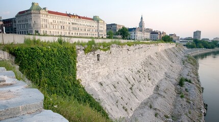 Obraz premium Exterior view of a crumbling stone embankment by a river.