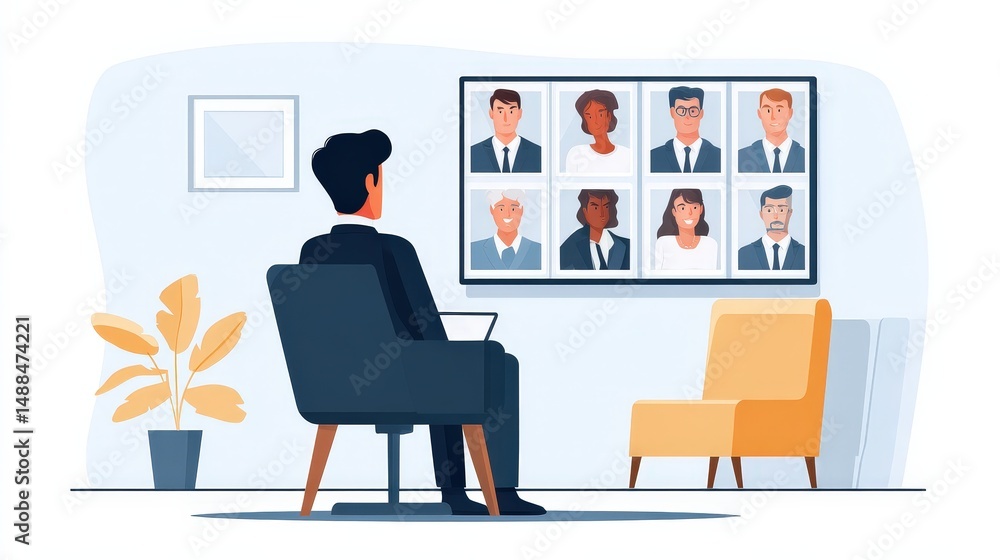 Poster individual seated in chair participating in video conference displayed on screen for recruitment and