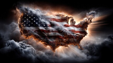Fiery United States Map with Dramatic Clouds and Cosmic Background