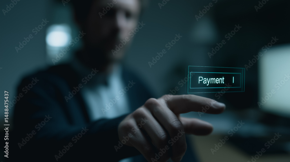 Poster digital transaction: a focused individual engages with an illuminated 