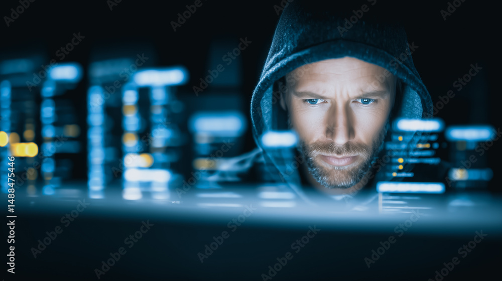Poster digital vigil: a hooded figure hunched over a screen, eyes glued to a stream of complex digital data