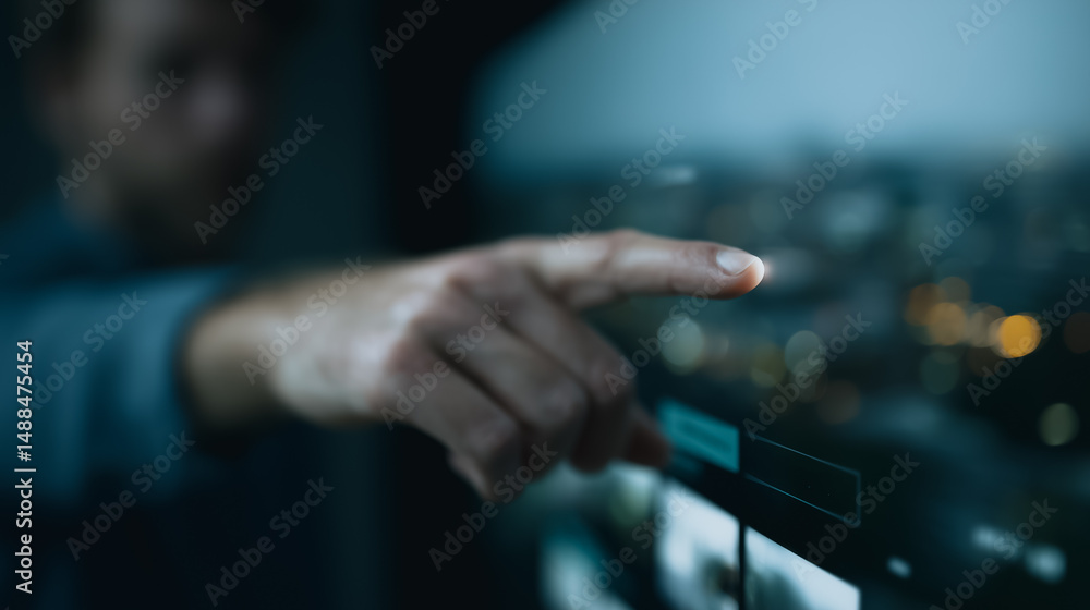 Aufkleber interface interaction: a person's hand interact with interactive interface in close up, with blurred