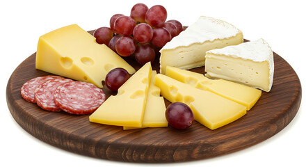 Gourmet Cheese Board: A beautifully arranged assortment of fine cheeses, grapes, and cured meats, a delightful culinary experience on a wooden board. isolated on white background