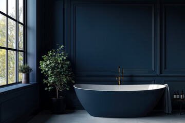 Dark blue bathtub in a modern bathroom interior of a room with a window