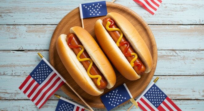 Festive hot dogs with american flags, celebrating independence day holiday