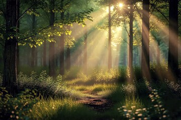 Fototapeta premium Sunlight Streams Through Trees in Lush Green Forest