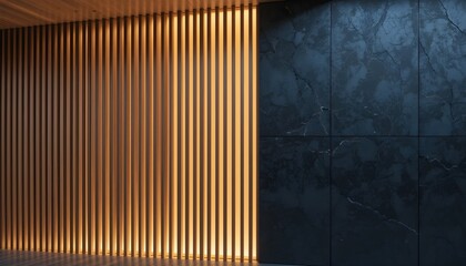 Modern interior featuring a luminous wood slat wall adjacent to a dark marble panel backdrop.