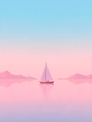 Fototapeta premium A solitary sailboat glides on tranquil waters under a dreamy gradient sky, evoking peace.
