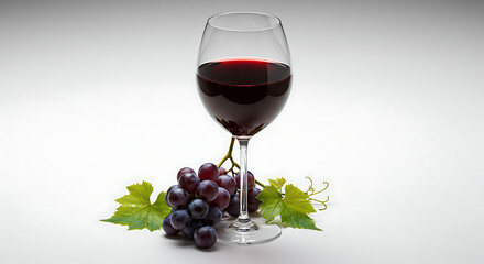 Wine glass with grapes: The image presents a crystal-clear wine glass filled with rich red wine, accompanied by a cluster of ripe grapes, exuding an aura of sophistication and indulgence. isolated on 