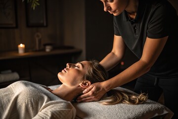 A woman receiving a professional neck massage in a tranquil, dimly lit spa setting.