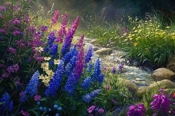 Obraz premium Painterly scene of vibrant wildflowers in blues and purples along a stream cascading over rocks in a peaceful garden.