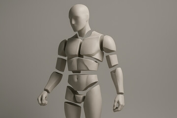 Articulated mannequin figure stands in a neutral pose against a soft gray background, showcasing its jointed limbs and smooth surface for artistic reference and design inspiration