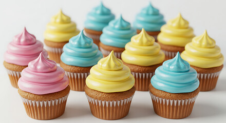 Colorful Cupcake Delights: An array of pastel-frosted cupcakes sit in a perfect row, each a delightful treat for the eyes, ready to bring happiness to any event. isolated on white background