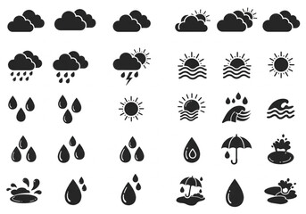 A Collection of Weather Icons Depicting Various Atmospheric Conditions and Precipitation with Sun Clouds Rain and Storm