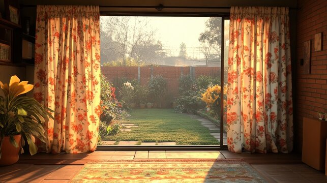 Fototapeta Sunlit garden view from a cozy room