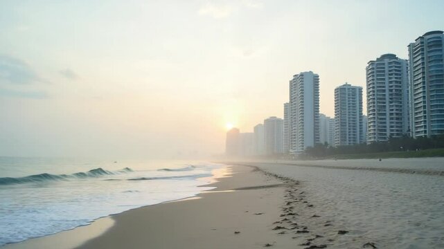 Early morning empty beach against city buildings