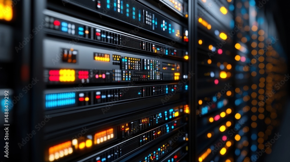 Poster rows of servers line the walls in a data center, illuminated by vibrant led lights. the intricate co