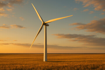 Obraz premium A single wind turbine standing tall in a field at sunset with a cloudy sky in the background view