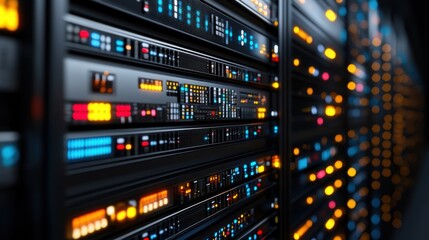 Rows of servers line the walls in a data center, illuminated by vibrant LED lights. The intricate connections highlight the high level of technology involved in data processing and storage