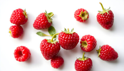 Obraz premium Fresh red raspberries kitchen counter food photography bright lighting top-down view healthy snacking