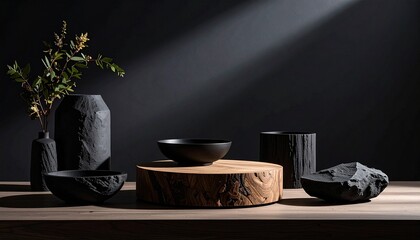 Contemporary still life with a deep charcoal backdrop, sculpted dark wood objects, and soft interplay of light and shadow