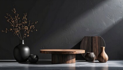 Contemporary still life with a deep charcoal backdrop, sculpted dark wood objects, and soft interplay of light and shadow