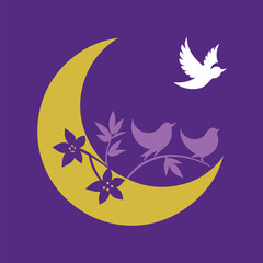 Fototapeta premium Elegant bird silhouette on a moonlit branch vector illustration with blue wing detail, ideal for logo design or nature art decoration