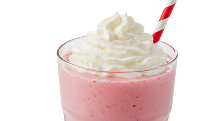 Delicious Strawberry milkshake: A refreshing strawberry milkshake topped with a swirl of fresh whipped cream and a striped straw, inviting a taste of summer. isolated on white background