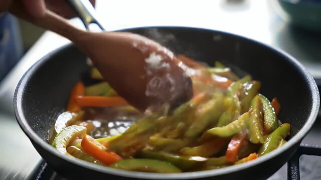 Create a video showing some hands first sprinkling salt into a pan of stir-fried vegetables on a stove and then mixing the vegetables with a large wooden spoon.