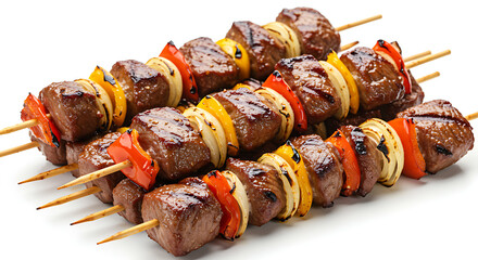 Grilled Beef Skewers: A close-up shot of grilled beef skewers with colorful bell peppers and onion, perfectly cooked and ready to be enjoyed. isolated on white background  