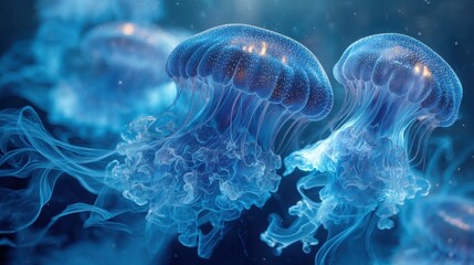 Naklejka premium Glowing Blue and Silver Layered Wispy Membranes with Translucent Silk Enhancing Modern Art Spaces for Unique Experiences